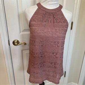 MONTEAU sleeveless top lace detail racer back with keyhole back Sz S Blush Pink